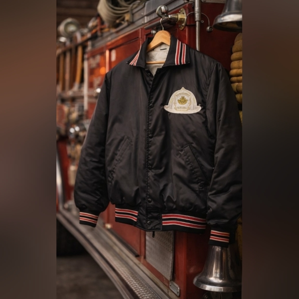 Vintage 80s Gem Sportswear Fire Dept Satin Jacket Deputy Chief 593 USA Black L